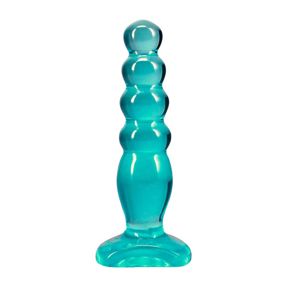 Turquoise crystal jellies anal delight plug with a textured design on a white background