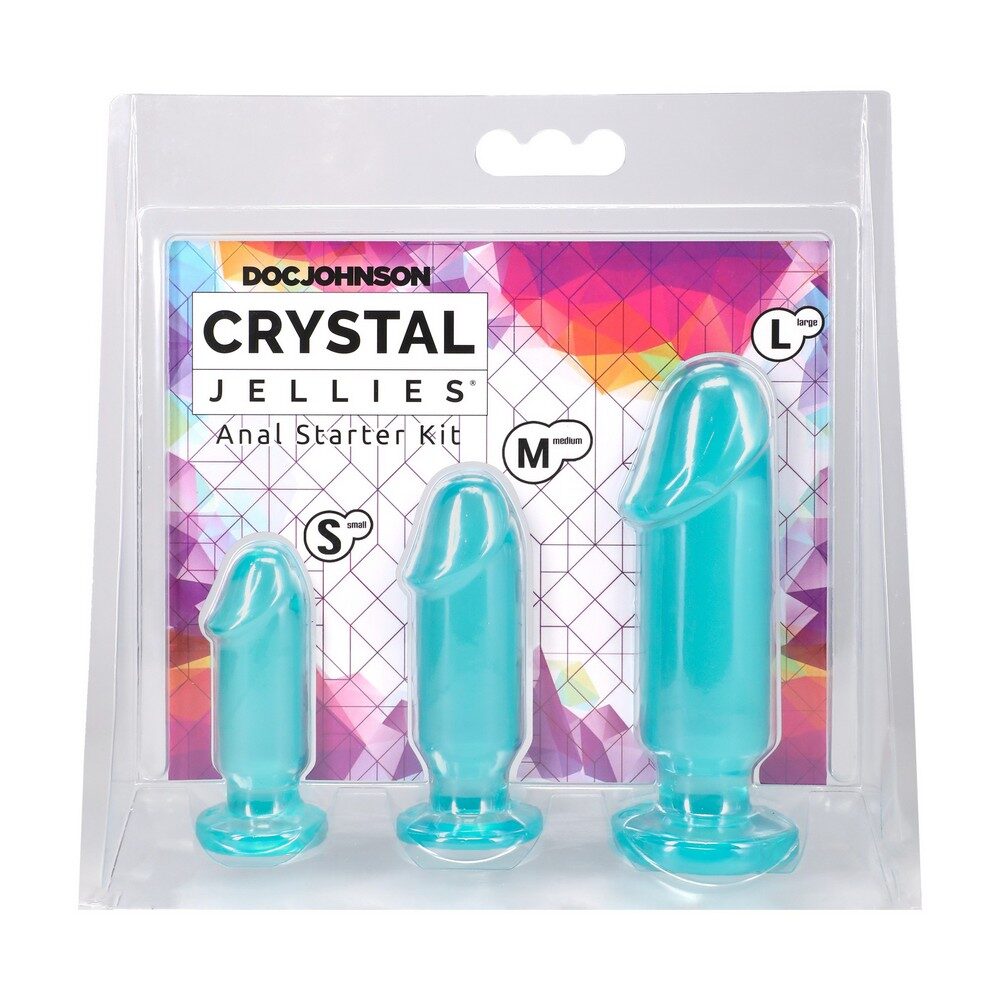 Doc Johnson Crystal Jellies Anal Starter Kit packaging with three teal silicone products on a colorful geometric background.
