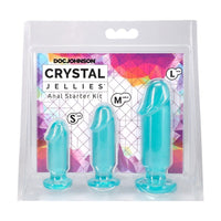 Doc Johnson Crystal Jellies Anal Starter Kit packaging with three teal silicone products on a colorful geometric background.