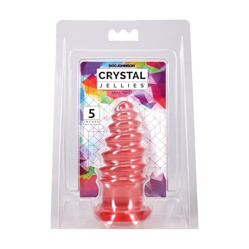 Doc Johnson Crystal Jellies Anal Twist in a clear blister pack with a colorful geometric backing card, showing a translucent pink-red spiral anal plug.