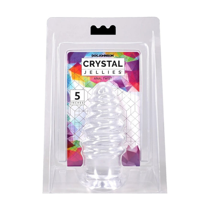 Doc Johnson Crystal Jellies Anal Twist plug in its original clear plastic blister packaging with a colorful geometric label.
