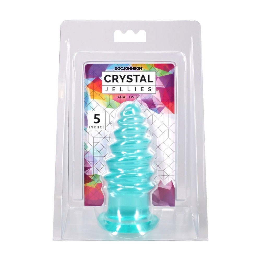 Doc Johnson Crystal Jellies Anal Twist plug in its original clear plastic blister packaging with a colorful geometric 