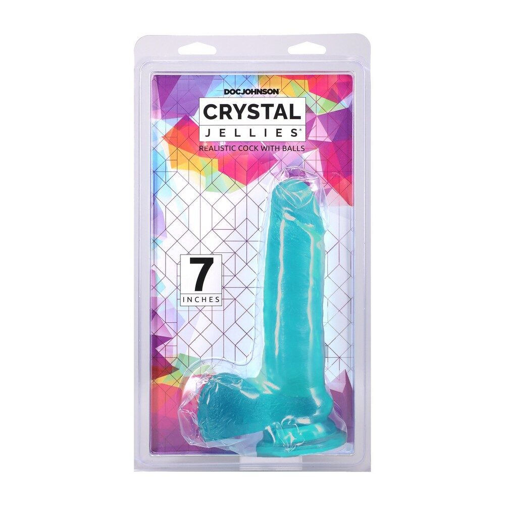 Turquoise 'Crystal Jellies' cock with balls dildo in packaging with colorful geometric design