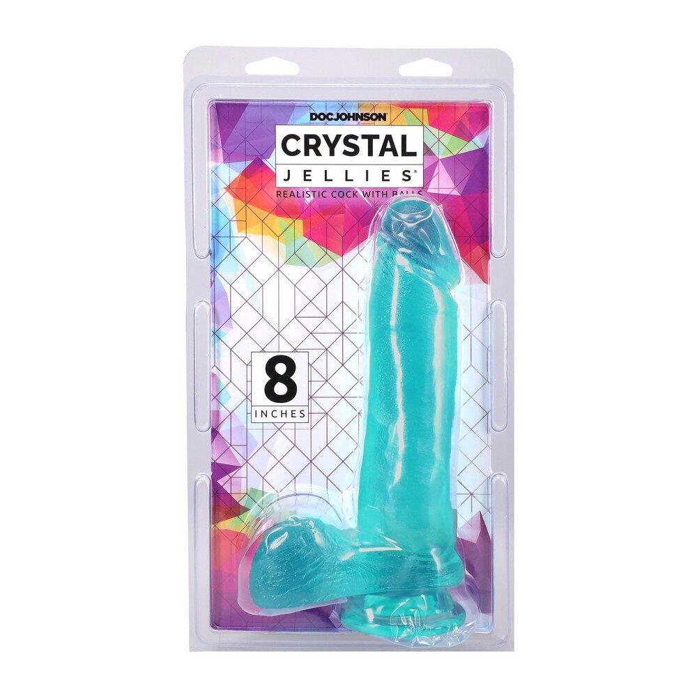 Packaged teal crystal jelly cock with balls 8 inches with colorful label on a white background