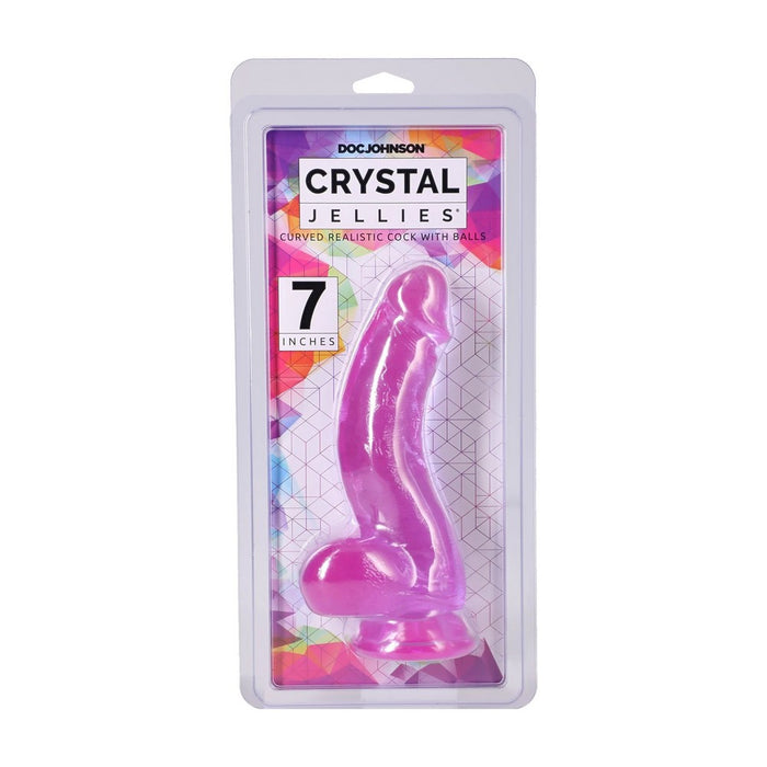 Doc Johnson Crystal Jellies curved realistic cock with balls in a 7-inch blister pack, shown against a plain white background. in purple