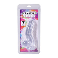 Doc Johnson Crystal Jellies curved realistic cock with balls in a 7-inch blister pack, shown against a plain white background.
