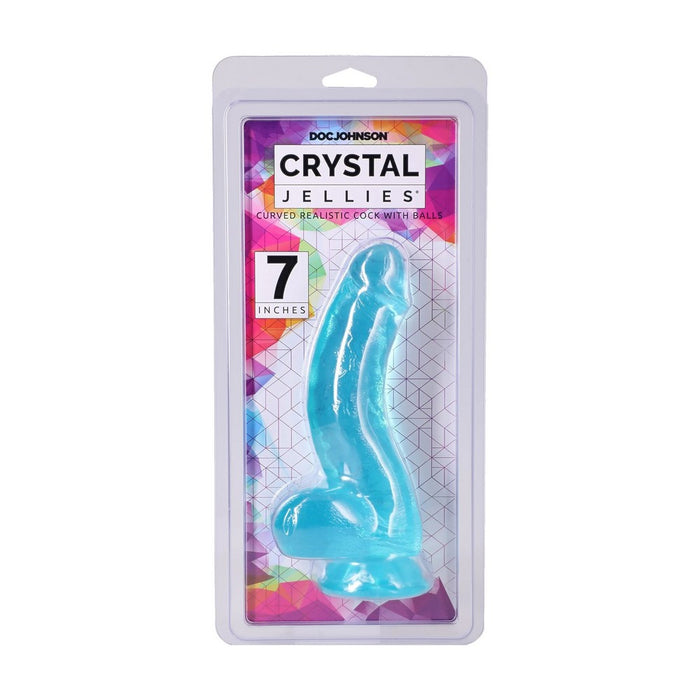 Doc Johnson Crystal Jellies curved realistic cock with balls in a 7-inch blister pack, shown against a plain white background. in teal