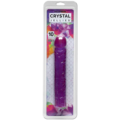 a purple penis shaped dildo shown inside its plastic packaging