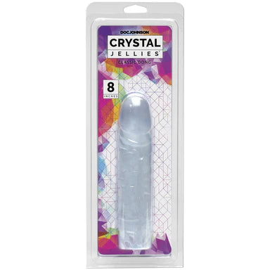 a clear penis shaped dildo shown inside its plastic packaging