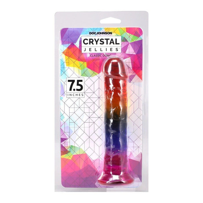 crystal jellies 7.5 dildo with colorful design and text on a white background