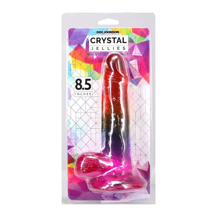 Doc Johnson Crystal Jellies dildo with balls 8.5  packaging with a colorful design on a white background