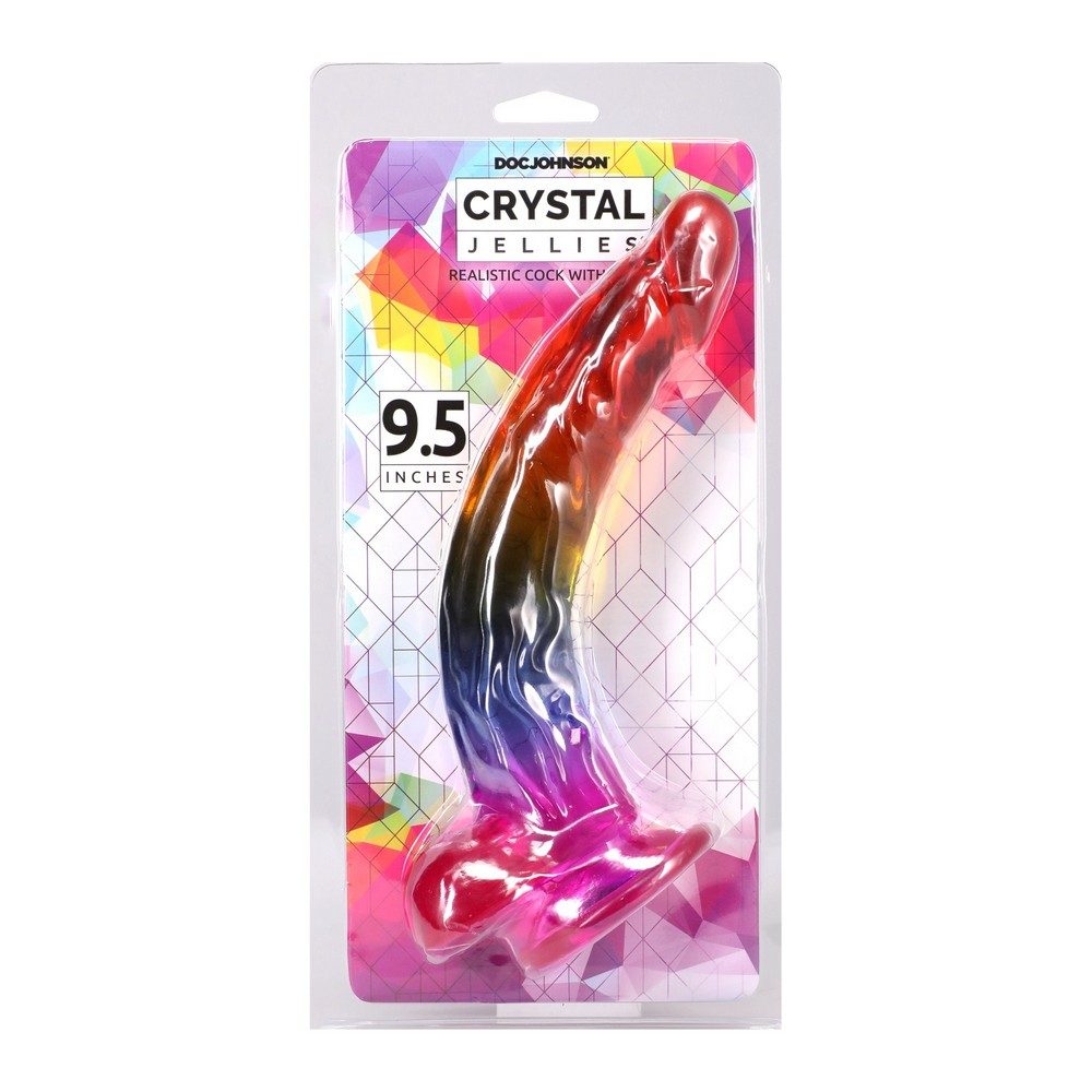 Doc Johnson Crystal Jellies curved dildo 9.5 with a colorful design on a white background