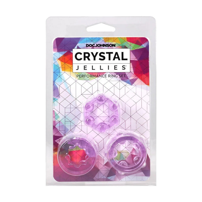 Dog Johnson Crystal Jellies Performance Ring Set in its original blister packaging, featuring three translucent purple ring-shaped products on a colorful geometric backing card.