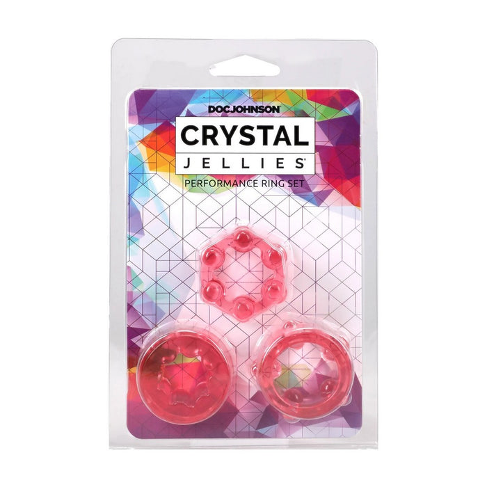 Dog Johnson Crystal Jellies Performance Ring Set in its original blister packaging, featuring three translucent pink ring-shaped products on a colorful geometric backing card.