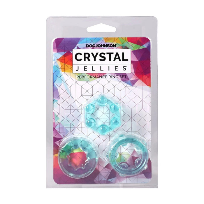 Dog Johnson Crystal Jellies Performance Ring Set in its original blister packaging, featuring three translucent teal ring-shaped products on a colorful geometric backing card.