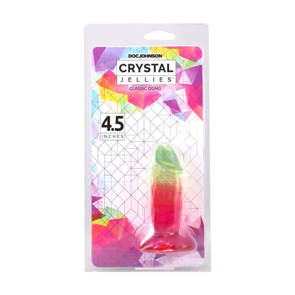 Packaged product crystal jellies 4.5" dong with colorful design and text on a white background