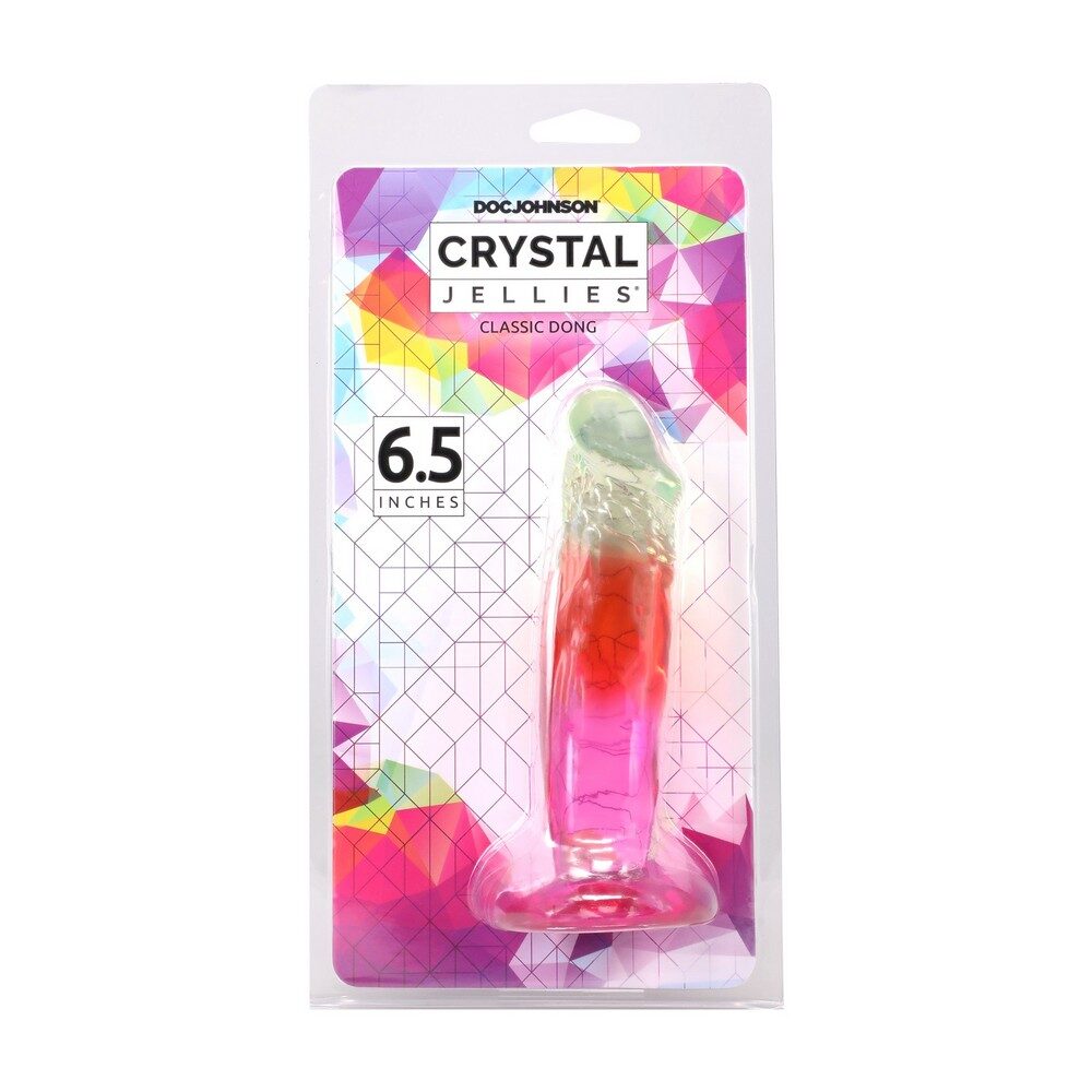 Package of Doc Johnson Crystal Jellies dong 6.5" with a colorful design on a white background