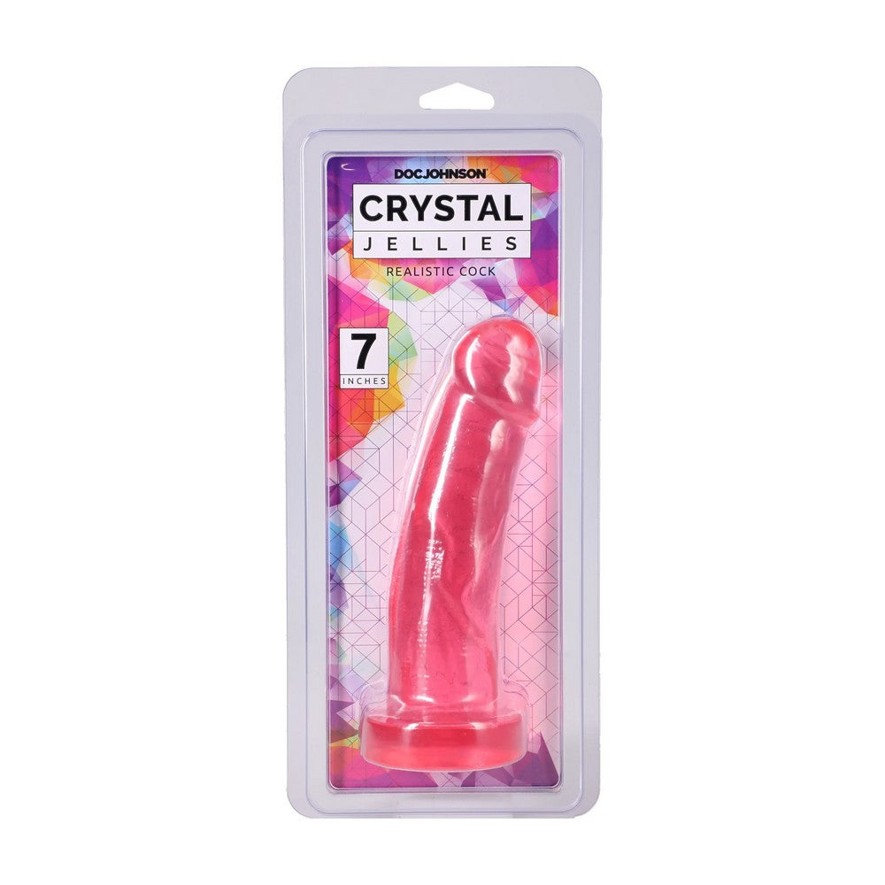 Doc Johnson Crystal Jellies Realistic Cock 7 inch realistic cock in pink translucent gel, shown in its original retail blister packaging against a white background.