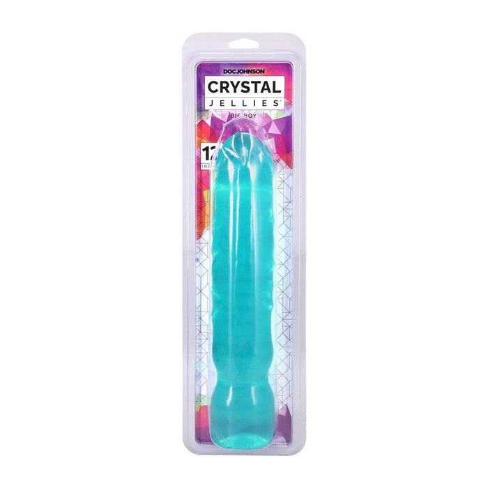 Turquoise jelly dildo in packaging with 'Crystal Jellies' branding on a white background