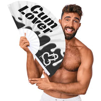 Man holding a fan with 'cum Lover' branding on a white background