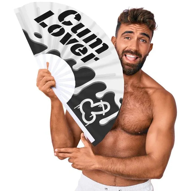 Man holding a fan with 'cum Lover' branding on a white background