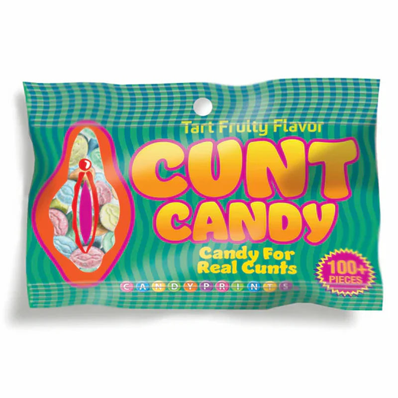 Cunt Candy package with colorful design and text on a white background