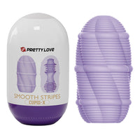 Purple cylindrical masturbator with 'PrettyLove' branding and 'Smooth Stripes Cupid-X' text on a white background.