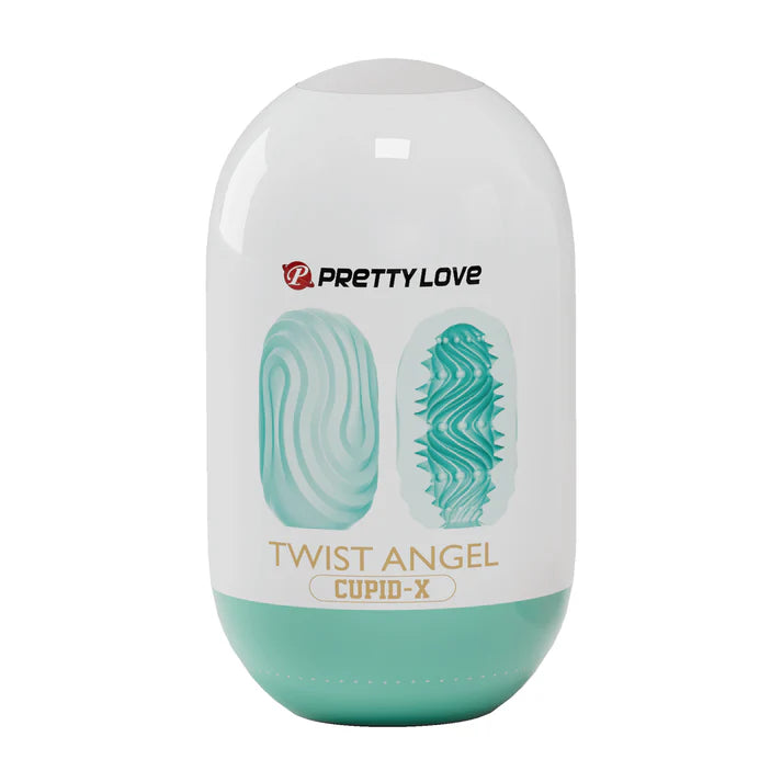 Teal and white product packaging with 'PrettyLove' branding on a white background twist angel masturbator