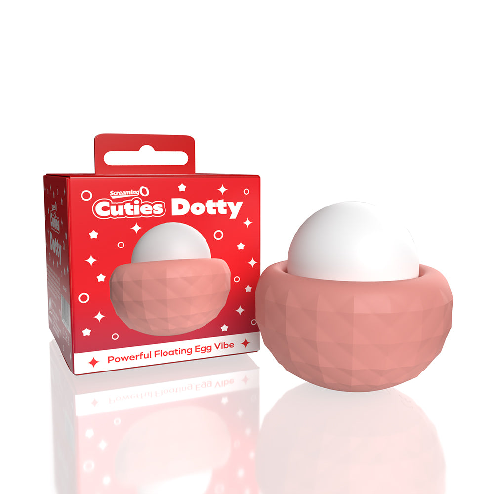 Pink 'Cuties Dotty' floating egg vibe with packaging on a white background