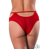 mesh panty with decorative bow over the thin elastic waistband and multiple round cutouts.