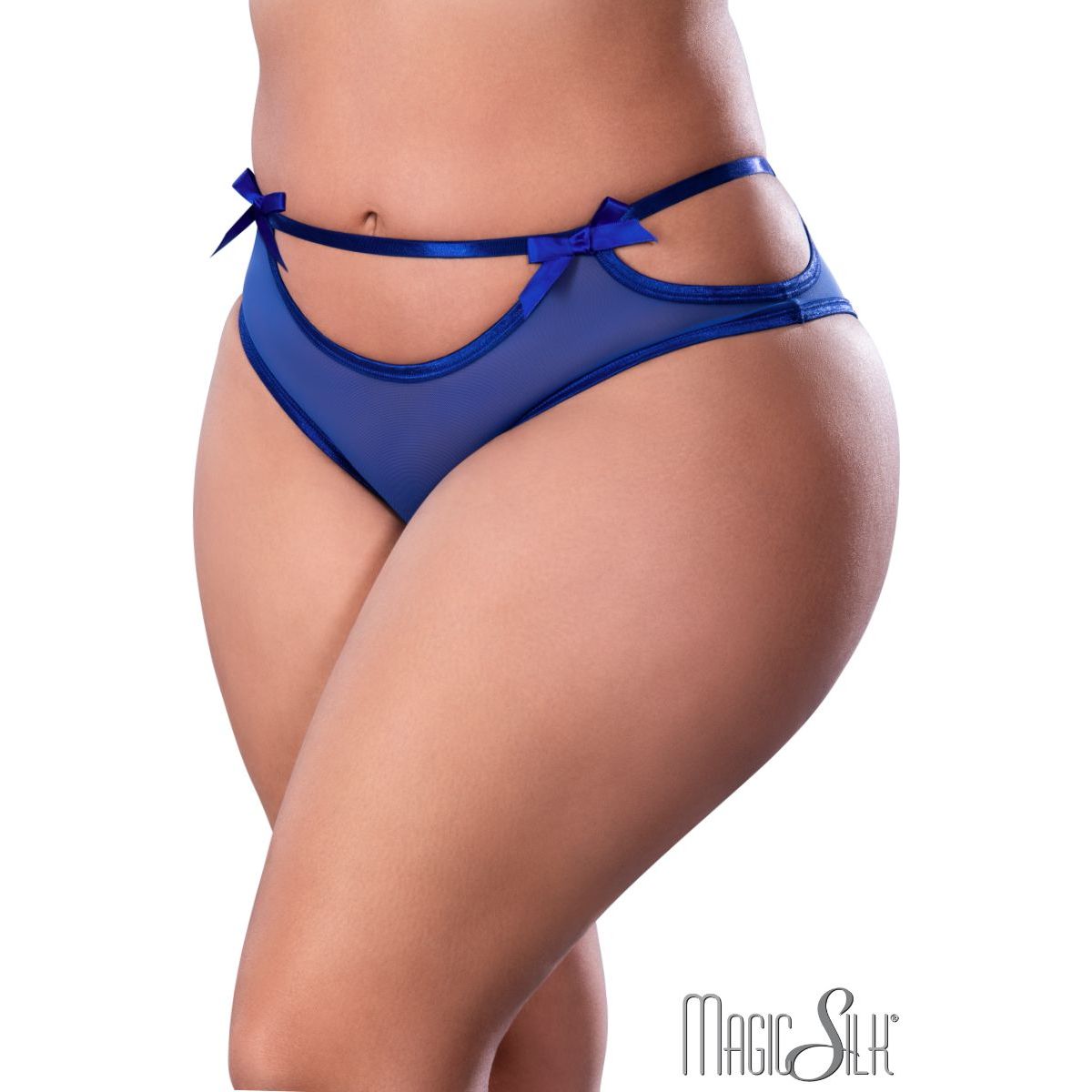 mesh panty with decorative bow over the thin elastic waistband and multiple round cutouts.