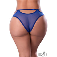 mesh panty with decorative bow over the thin elastic waistband and multiple round cutouts.