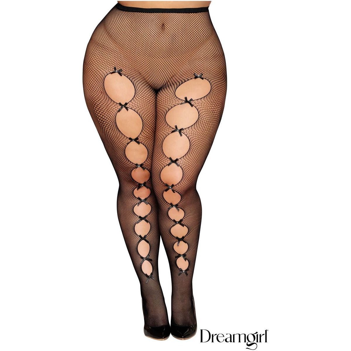 Fishnet pantyhose with cutouts along the front featuring satin bows with rhinestone centers, a thick elastic waistband, plus size