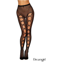 Fishnet pantyhose with cutouts along the front featuring satin bows with rhinestone centers, a thick elastic waistband 