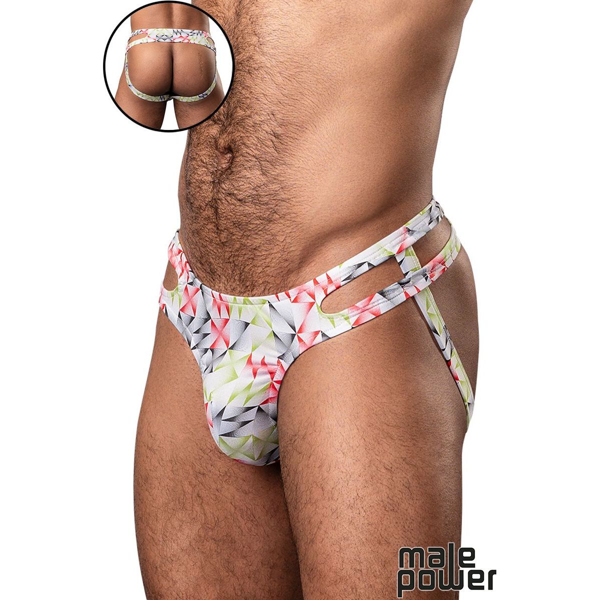 Multi color pattern jock strap front view