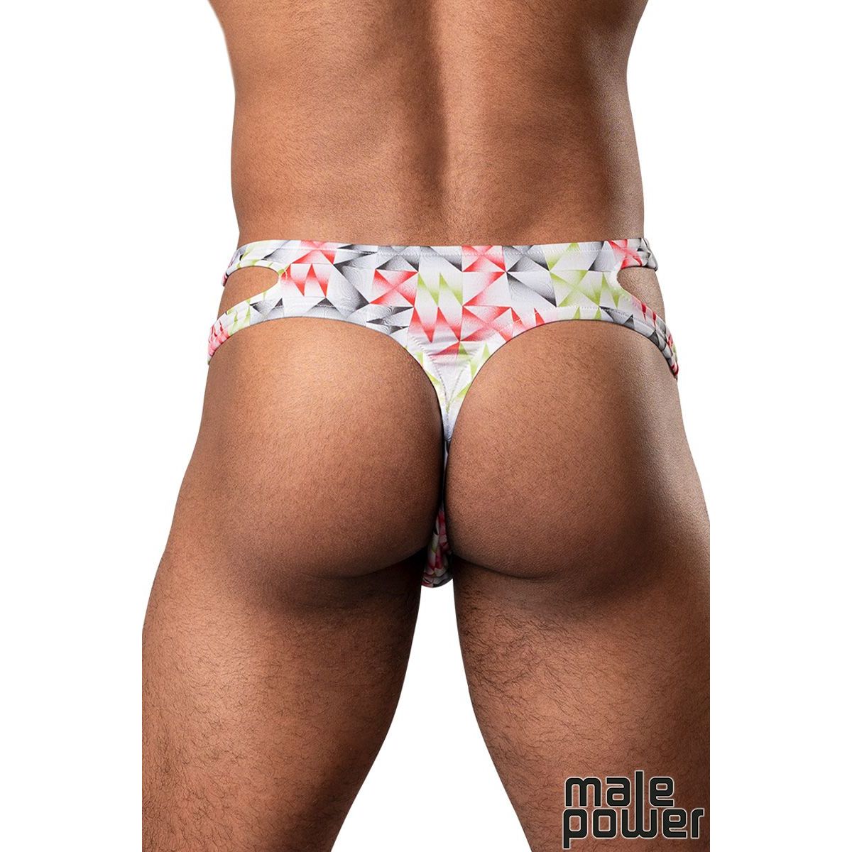 multi color pattern thong with cutout sides back view