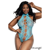Model wearing a turquoise lace bodysuit with cut-out design on a white background