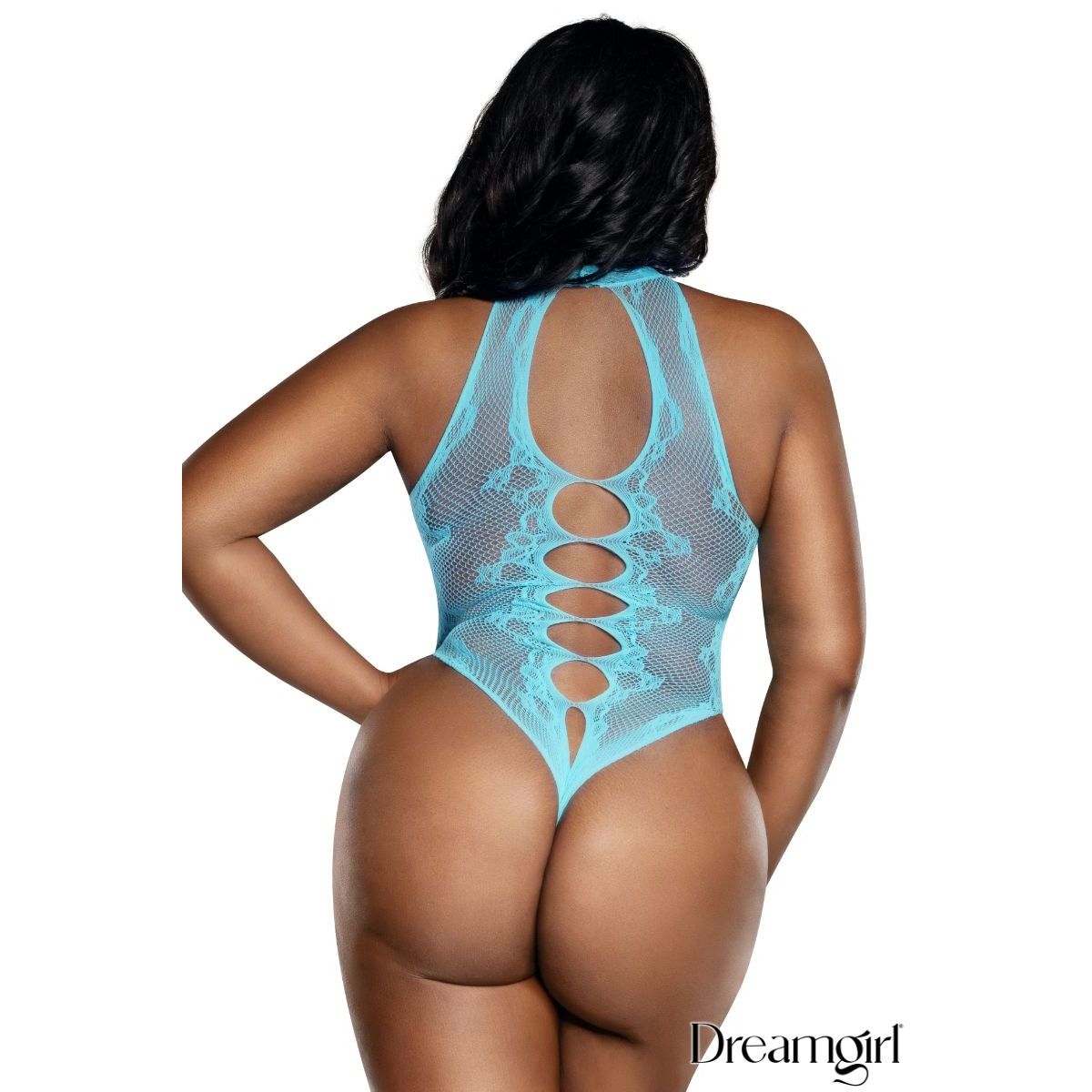 Person wearing a turquoise lace bodysuit with 'Dreamgirl' branding.