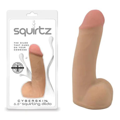 a beige penis shaped squirting dildo with balls. Shown next to its plastic packaging