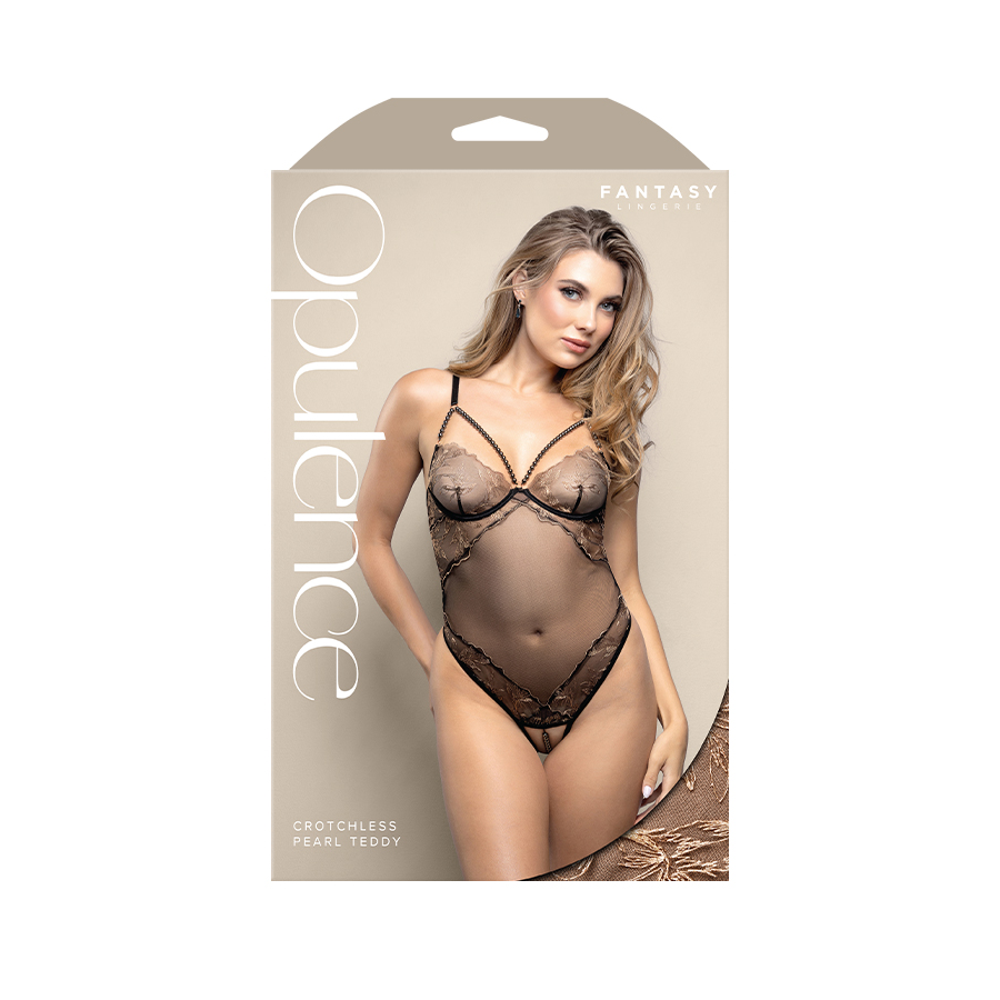 Crotchless teddy with pearl cage neckline and adjustable pearl g-string in rose gold embroidered mesh