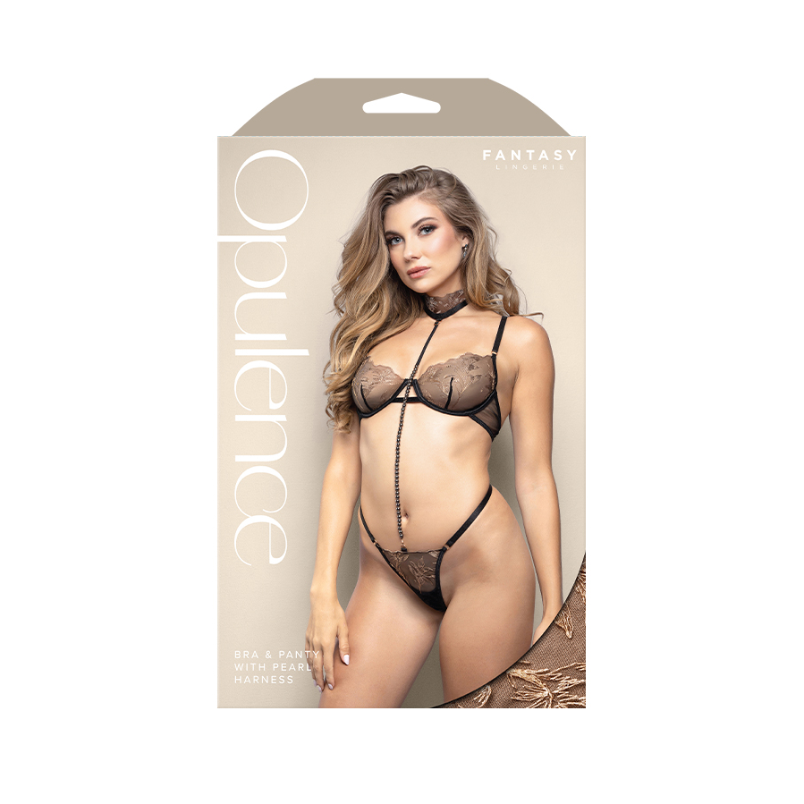 Underwire bra and g-string with removable, adjustable pearl string harness in rose gold embroidered mesh