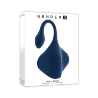 Blue silicone daily grind vibrator on packaging with 'GenderX' branding on a white background