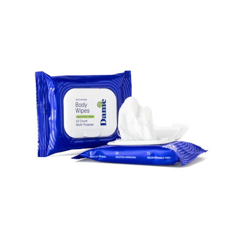 damn aloe & cucumber body wipes 12 pack in blue container, on white back ground