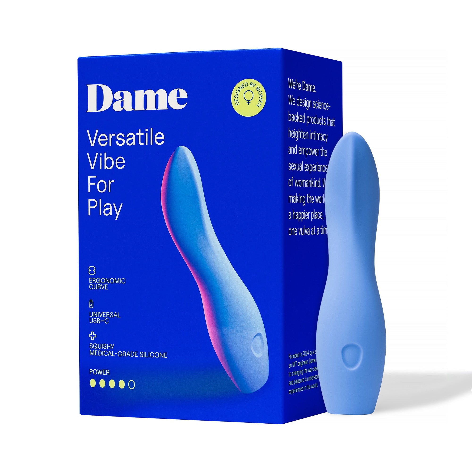 blue curved vibrator beside box packaging with dame branding