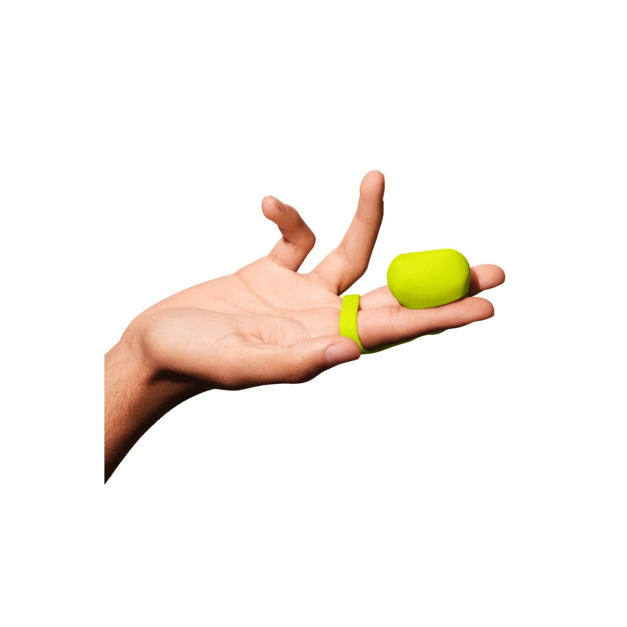 lime green finger vibrator on finger on hand