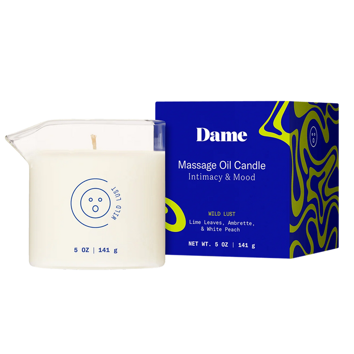 massage candle beside blue box packaging