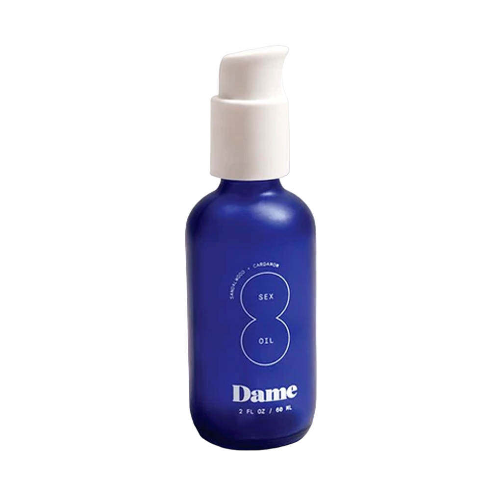 blue pump bottle of dame massage oil