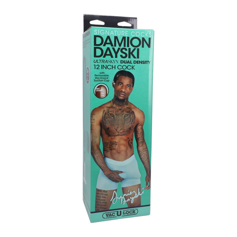 Product packaging for 'Damion Dayski' 12 inch cock dildo on the box.