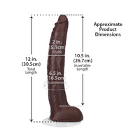 Measurement chart of a brown dildo with dimensions labeled on a white background