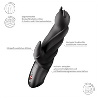 Black silicone devil vibrator with text on a white background